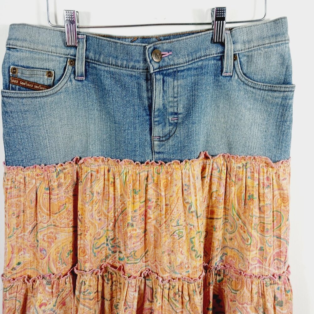 Lee, Mixed Media Midi Skirt Denim/Cotton Print, Size 9 M, Tiered Bottom, Western - Picture 6 of 16
